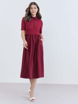 Styli - Women Self Design Short Sleeves A-Line Midi Dress