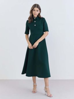 Styli - Women Plain Short Sleeves A-Line Midi Dress