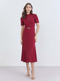 Styli - Women Plain Short Sleeves A-Line Midi Dress