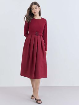 Styli - Women Plain Long Sleeves A-Line Midi Dress