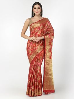KISHORI - Women Silk Bandhani and Zari Weaving Saree with Unstitched Blouse - Red & Gold
