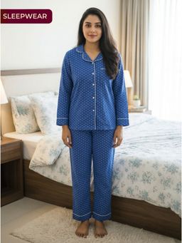 ARAMYA - Soft Cotton Straight Bandhani Print Nightsuit For Women Blue