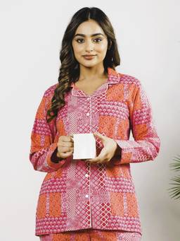 ARAMYA - Soft Cotton Straight Print Night Shirt For Women Pink