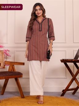 ARAMYA - Soft Cotton Straight Kurta Geometric Print With Pant For Women Maroon