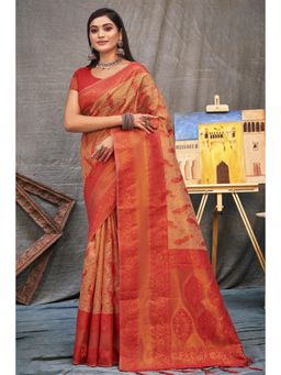 Sangam Prints - Beige Organza Woven Zari Work Traditional Tassel Saree with Unstitched Blouse