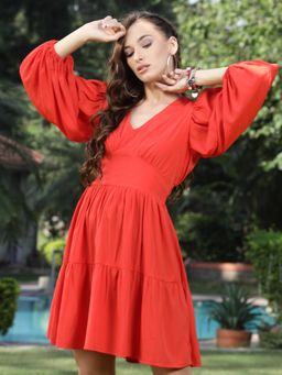 Sera - Women Orange Solid Fit And Flare V-neck Above Knee Dress