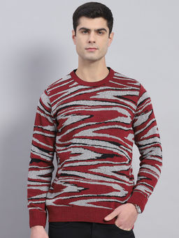Monte Carlo - Mens Red Self Design Round Neck Full Sleeve Pull Over Sweater