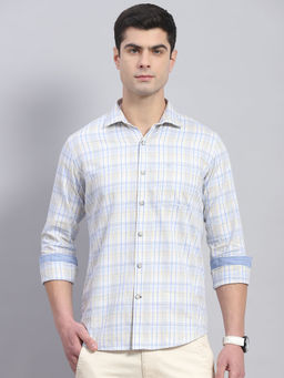 Monte Carlo - Mens Sky Blue Cotton Checkered Collared Neck Full Sleeve Casual Shirt