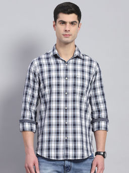 Monte Carlo - Mens Blue Cotton Checkered Collared Neck Full Sleeve Casual Shirt