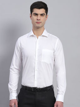 Monte Carlo - Mens Stay White Cotton Solid Collared Neck Full Sleeve Formal Shirt