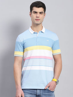 Monte Carlo - Mens Sky Blue Striped Polo Collar Half Sleeve Polo T-Shirt