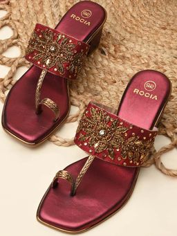 ROCIA - Women Maroon One Toe Embroidered Block Sandals Heels