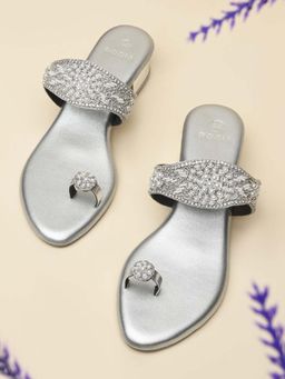 ROCIA - Women Silver One Toe Embroidered Sandals Heels