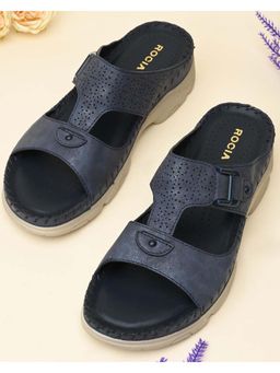 ROCIA - Women Navy Blue Casual Laser Cut Wedges Sandals