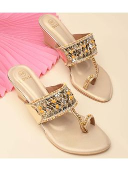 ROCIA - Women Gold Mirror Work Kolhapuri Wedges Heels