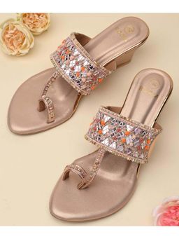 ROCIA - Women Rose Gold Mirror Work Kolhapuri Wedges Heels