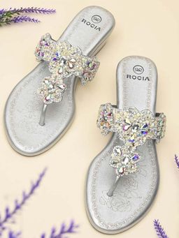 ROCIA - Women Silver Heavy Embroidered Small Wedges Heels