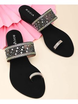 ROCIA - Women Black One Toe Diamond On Vinyl Fancy Wedges Heels