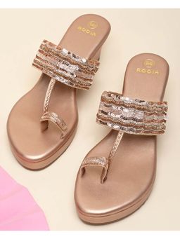 ROCIA - Women Rose Gold One Toe Embroidered Wedges Heels