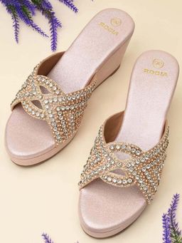 ROCIA - Women Rose Gold Heavy Encrusted Diamond Wedges Heels