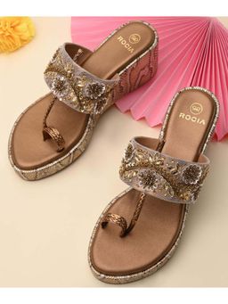 ROCIA - Women Copper Heavy Embroidered One Toe Wedges Heels