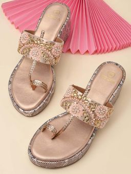 ROCIA - Women Rose Gold Heavy Embroidered One Toe Wedges Heels