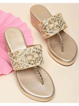 ROCIA - Women Gold Hand Embroidered Wedges Heels