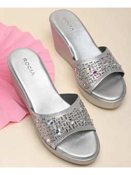 ROCIA - Women Embroidered Silver Wedges Sandals