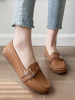 Shoetopia - Women Side Buckle Detailed Tan Loafers