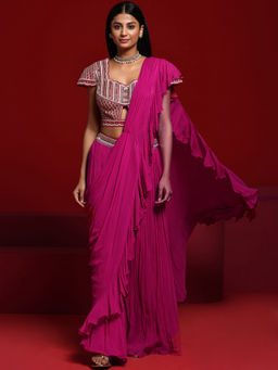 Libas Art - Pink Beads Embellished Ethnic Draped Palazzo Saree with Stitched Blouse