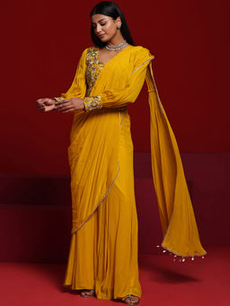 Libas Art - Mustard Beads Embellished Draped Solid Palazzo Saree with Belt & Stitched Blouse