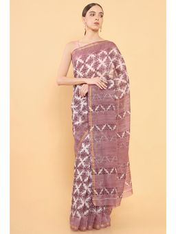 Soch - Women Purple Chanderi Printed Saree with Unstitched Blouse