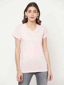 CRIMSOUNE CLUB - Women Light Pink Solid V-Neck T-Shirt