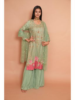 Rabnoor K Sethi - Sea Green Embroidered Sharara with Kurta and Dupatta (Set of 3)