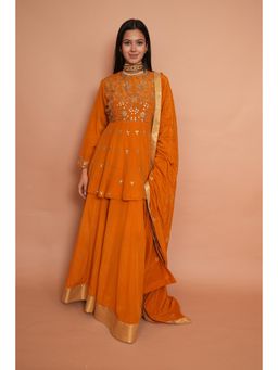 Rabnoor K Sethi - Mustard Heavy Embroidered Short Anarkali with Lehenga and Dupatta (Set of 3)