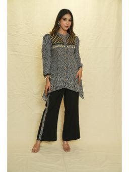 Rabnoor K Sethi - Black Printed Asymmetrical Tunic with Pant (Set of 2)