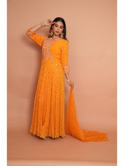 Rabnoor K Sethi - Orange Heavy Embroidered Anarkali with Dupatta (Set of 2)