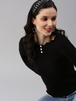 SHOWOFF - Women's Solid Fitted Black Boat Neck Top