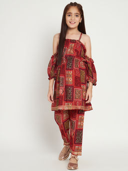 Readiprint - Frock Style Rayon Fabric Maroon Kurti with Pant (Set of 2)