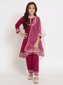 Readiprint - Frock Style Silk Magenta Kurti and Pant with Dupatta (Set of 3)