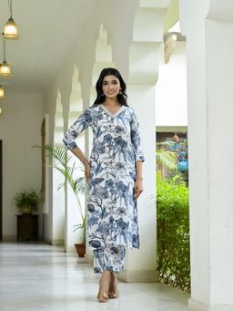 Gahan - Rayon Floral Printed Lace Work Off White Kurta with Palazzo (Set of 2)