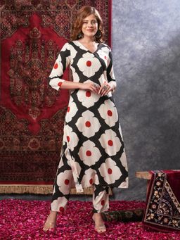 Gahan - Rayon Abstract Printed Black Off White Kurta with Pant (Set of 2)