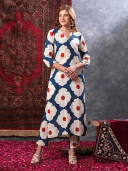 Gahan - Rayon Abstract Printed Blue Off White Kurta with Pant (Set of 2)