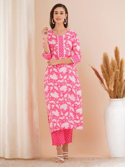 Gahan - Rayon Floral Printed Lace Work Pink Kurta with Pant (Set of 2)