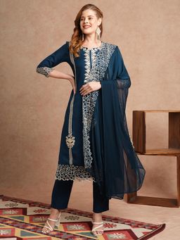 Gahan - Rayon Embroidered Lace Work Blue Kurta with Pant & Dupatta (Set of 3)