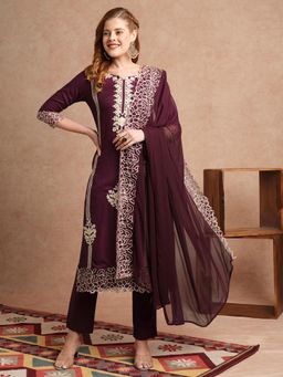 Gahan - Rayon Thread Embroidered Lace Work Wine Kurta with Pant & Dupatta (Set of 3)