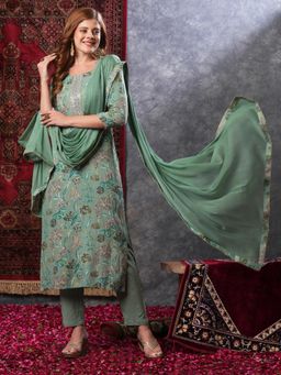 Gahan - Rayon Floral Printed Yoke Embellished Green Kurta with Pant & Solid Dupatta (Set of 3)