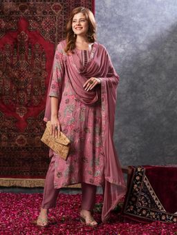 Gahan - Rayon Floral Printed Yoke Embellished Pink Kurta with Pant & Solid Dupatta (Set of 3)