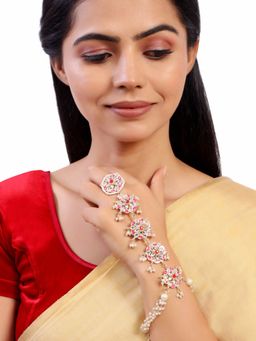 Accessher - Gold Plated Kundan Enamel Pearl Studded Bracelet with Adjustable Finger Ring