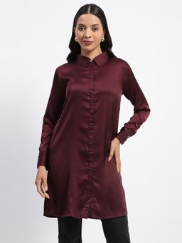 Madame - Wine Solid Button Down Long Shirt